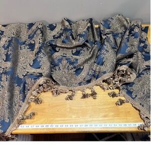 Croscill Home Navy Blue Gold Damask Cascade Valance with Tassel Fringe 48x36
